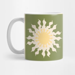 Sun Symbol on Sage Green and Mustard Check Board. Mug